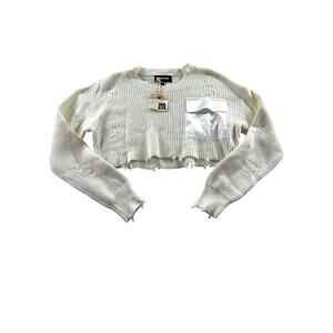 SER.O.YA Cropped Devin Sweater Size L White Distressed Edgy Grunge NWT